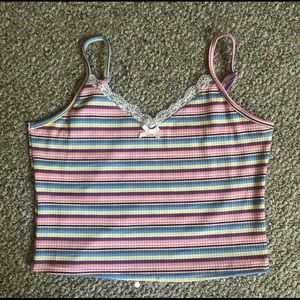 Striped multicolor rainbow bow crop lace trim cami